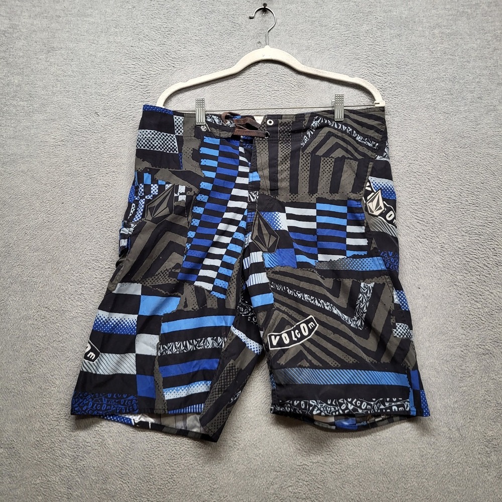 Volcom Men Swimwear 34 Gray Blue Board Shorts 2 Way Stretch Pocket 11 in Inseam